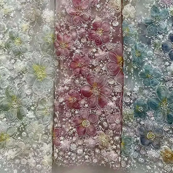 Sequins এবং জপমালা সঙ্গে 3d রিবন ফ্লাওয়ার এমব্রয়ডারি নেট ফ্যাব্রিক