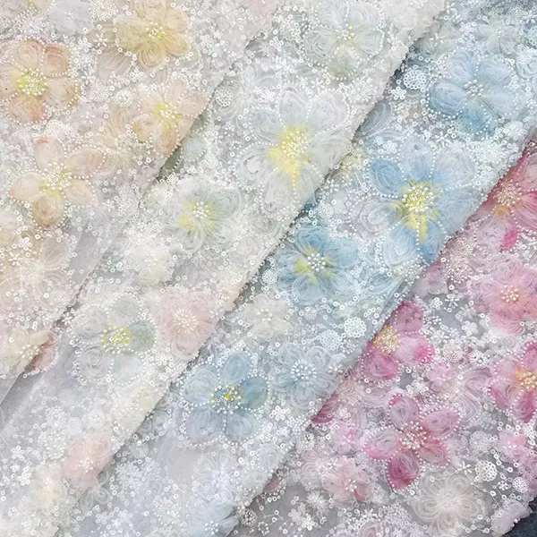 3d Ribbon Flower Embroidery Net Fabric With Sequins And Beads