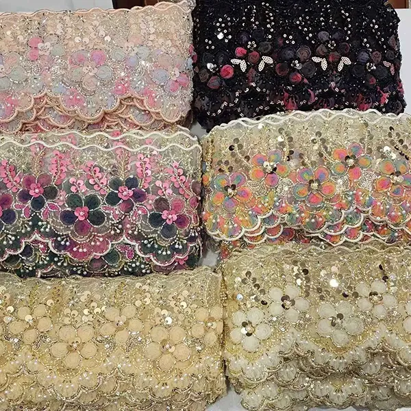 থ্রিডি মেশ ফ্লাওয়ার রিবন বিডেড টিউব বারকোড এমব্রয়ডারি লেইস সহ মাল্টিকালার এমব্রয়ডারি লেইস